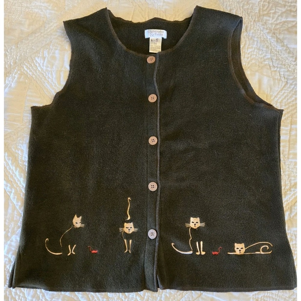 Christopher & Banks Vest Womens Med Green Kitty Cat Embroidered Button Fleece